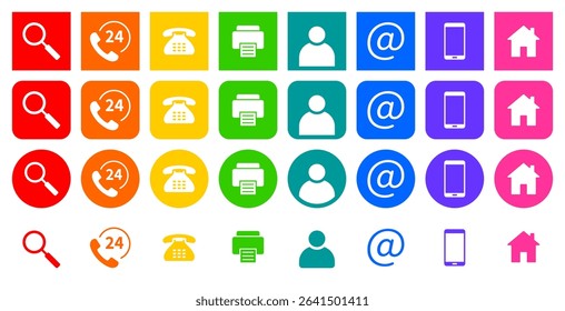 Set of contact icons. Profile, email, cell phone and address. Search, 24 hour support, phone and fax. Set of multicolored round and square icons