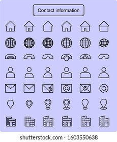 A set of Contact information Icons. editable vector. email, address, home, user, phone, telephone, pin, envelope, message, location, destination, map, mail, chat, telephone, contact, factory, office.