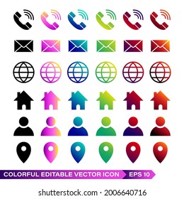 Set of Contact information icons, vector. With colorful gradient colors on the white background. For business cards and websites. Telephone, mail, letter, person, address, location icons 