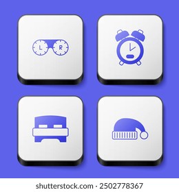 Conjunto de contenedor de lentes de contacto, reloj despertador, cama grande y sombrero para dormir icono. Botón cuadrado blanco. Vector