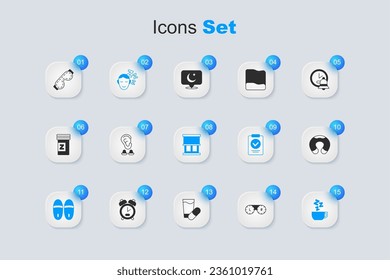 Set Contact lens container, Earplugs and ear, Dreams, Slippers, Chamomile tea, Travel neck pillow, Eye sleep mask and Window with curtains icon. Vector