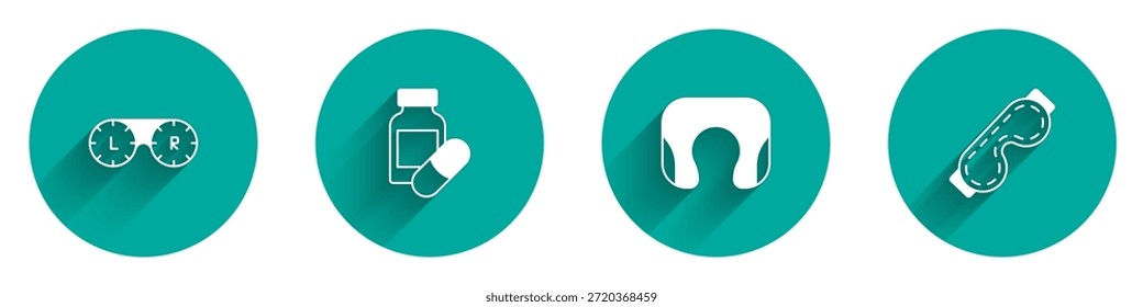 Conjunto de contenedor de lentes de contacto, píldora para dormir, almohada de cuello de viaje e icono de máscara de sueño de ojos con sombra larga. Vector
