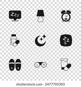 Set Contact lens container, Sleepy, Sleeping pill, Moon and stars, Alarm clock, Table lamp and  icon. Vector