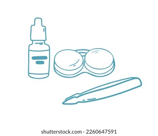 Set of contact lenses in a container, tweezers, drops, and a bottle of liquid solution. Doodle vector illustration