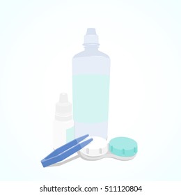 Set of Contact Lenses daily care. Container, daily solution, eye drops and tweezers.