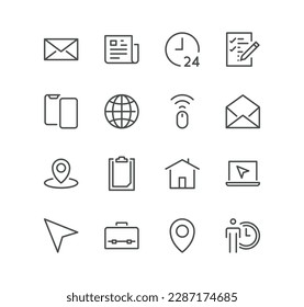 Set of contact related icons, phone, mail, location, calendar, user and linear variety vectors.