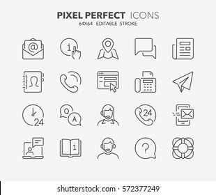 Set of contact and support thin line icons. Contains icons as phone call, customer, 24 hrs, email, faq and more. Editable stroke. 64x64 Pixel Perfect.