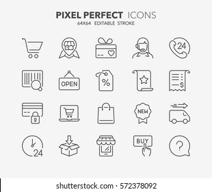 Set of contact and support thin line icons. Contains icons as phone call, customer, 24 hrs, email, faq and more. Editable stroke. 64x64 Pixel Perfect.