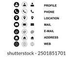 Set of contact thin line icons. Collection of basic contact icons. profile, telephone, location, mail, e-mail, address, and web. Vector