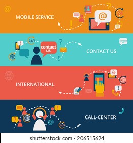 Set Of Contact Us Call Center Business Chat Communication Banners Vector Illustration