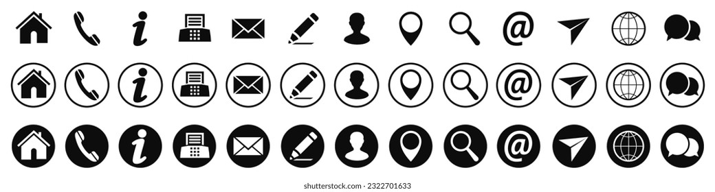 Set contact us icons, collection communication contact signs: home, call, info, fax, message, address, write, user, location, search, mail, send, globe, website, chat - stock vector