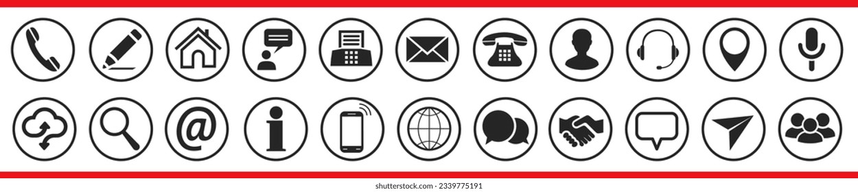 Kontaktsymbole einstellen, Kontaktinformationsschilder für die kollektion abrufen: Zuhause, Anruf, Info, Fax, Nachricht, Adresse, Schreiben, Benutzer, Ort, Suche, E-Mail, Senden, Globus, Website, Chat - Vektor