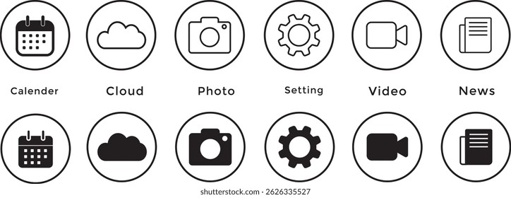 Conjunto de ícones de contato. ícone de informações de contato. foto, correio, endereço, fax, câmera, nuvem, chamada de entrada, dados do usuário, compromisso, vídeo, notícias, rota, Site, correio, fax, símbolo de estilo preto simples do usuário