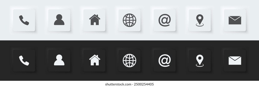 Set of Contact Us icons. Web icon set. A set of black and white square buttons with Contact Us symbols. 3D Neumorphism design style for Apps, Websites, UI UX. Vector illustration.