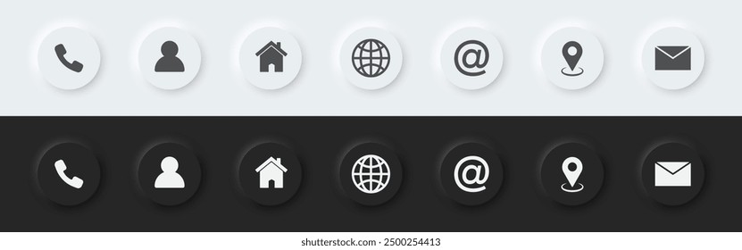 Conjunto de iconos de Contáctenos. Conjunto de iconos de Web. Un conjunto de Botones redondos en blanco y negro con símbolos Contact Us. Estilo de diseño de neumorfismo 3D para App, Sitios web, UI UX. Ilustración vectorial.