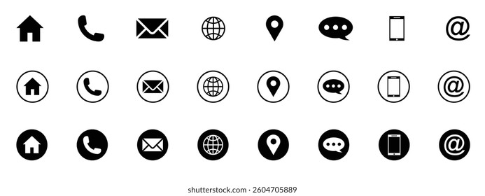 Set of contact us icons. Web icon set. Home, location, call, at, email, address, globe, chat, message, mail, telephone, website, icon.