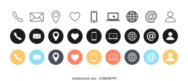 Set of contact us linear and colorful flat isolated icons. Web communication icons isolated. Flat simple vector icon. Mail phone location website account internet icon. EPS 10