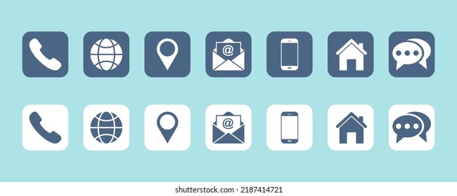 Conjunto de contactos nos iconos vectoriales. Iconos de comunicación web: teléfono, sitio, ubicación, correo electrónico, móvil, hogar, chat. Vector 10 EPS.