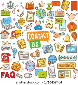 Set of contact vector cartoon illustration elements. Various objects of hand-drawn contact in doodle color.