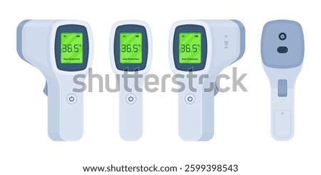 Set of contactless infrared digital thermometers displaying normal body temperature in Celsius. Healthcare and health monitoring concept. Flat vector illustration isolated on a white background