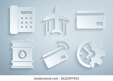 Definir pagamento sem contato, Cartão de crédito, Barril de óleo, Relógio e engrenagem, Plano e Telefone ícone. Vetor