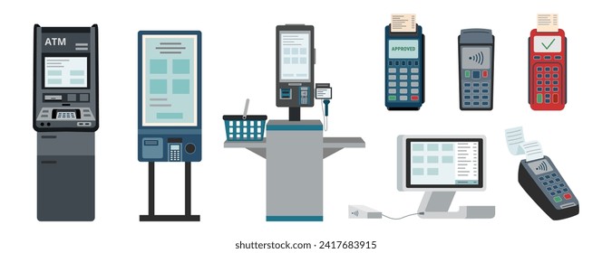 Set of contactless payment devices in flat style isolated on white. Payment terminal, ATM machine, self checkout, kiosk.