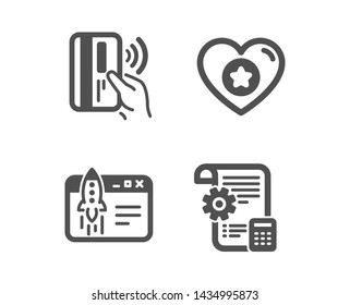 Set of Contactless payment, Heart and Start business icons. Settings blueprint sign. Bank money, Star rating, Launch idea. Report document.  Classic design contactless payment icon. Flat design