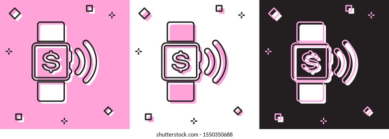 Set Contactless payment icon isolated on pink and white, black background. Smartwatch with nfc technology making wireless contactless transactions.  Vector Illustration