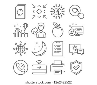 Set of Contactless payment, Idea lamp and Update document icons. International globe, Minimize and Printer signs. Like button, Interview and Roller coaster symbols. Vector
