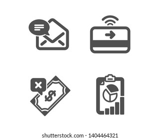 Set of Contactless payment, New mail and Rejected payment icons. Report sign. Received e-mail, Bank transfer, Presentation chart.  Classic design contactless payment icon. Flat design. Vector
