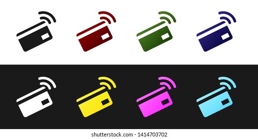 Set Contactless payment with nfc card icon isolated on black and white background. Card with radio wave sign. Credit card payment. Vector Illustration