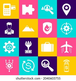 Setzen Sie kontaktlose Zahlung, Planen, Outsourcing-Konzept, Magnifying Glas für Suchpersonen, Berge und Wissenschaftler und Test-Tube-Symbol. Vektorgrafik