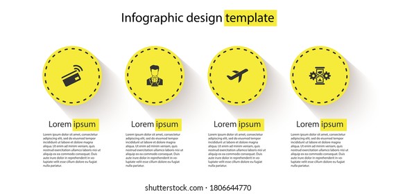Set Contactless payment, Scientist and test tube, Plane and Hourglass gear. Business infographic template. Vector.