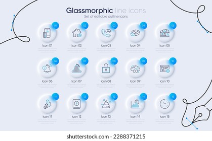 Conjunto de iconos de pago sin contacto, gestión de tiempo y línea de bloqueo para la aplicación web. Configuración web, montaña rusa, iconos de gráfico 3d. Cartel de pirámide, casa de préstamo, señales de campana de información. Temporizador de informes. Vector