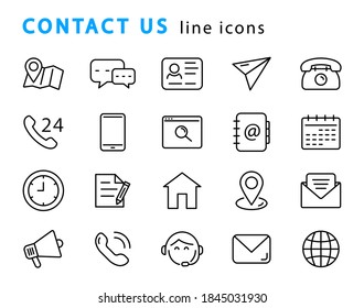 Set of contacts linear icons. Contact us. Communication signs. Vector web icons.