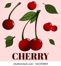 Set contain a number of cherries with and without leaves, grouped and separated
