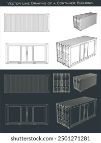 Set Container building technical line drawings. blueprint wireframe from all view top corner side back isolated in transparent background 