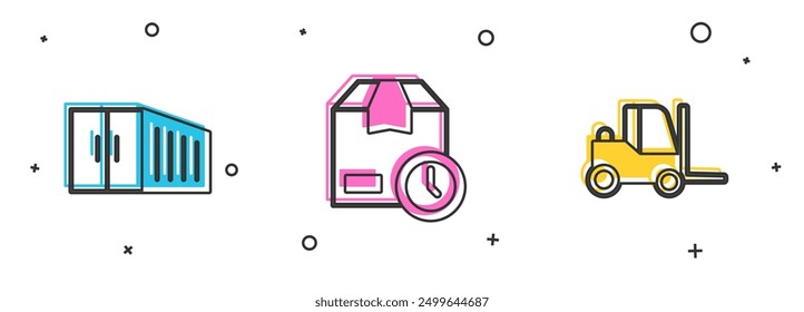 Conjunto de contenedores, caja de cartón con reloj e icono de carretilla elevadora. Vector