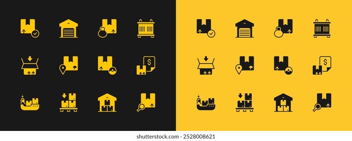 Set Container, Kartonboxen Palette, Karton Karton, Full Warehouse, Standort mit, und Lager-Symbol. Vektorgrafik
