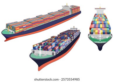 Set of Container cargo ships. International logistics and cargo delivery concept. Freight vessel isolated vector illustration