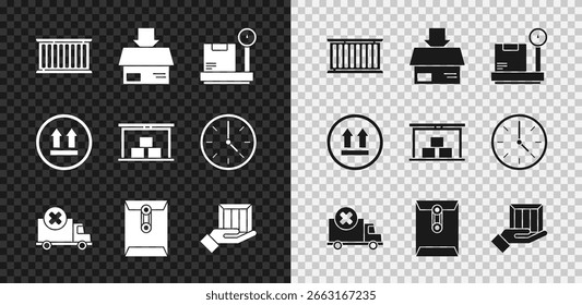 Conjunto de contenedores, caja de cartón de cartón, escala con entrega, vehículo de camión de carga, sobre, cajas de mano, este lado hacia arriba e icono de almacén. Vector
