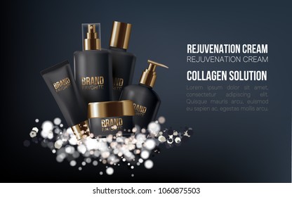 Set of Container with Cosmetic on a dark background.Concept Skin Care Cosmetic.Container mockup, cosmetic bottle package,bank.Elegant Background.Vector 