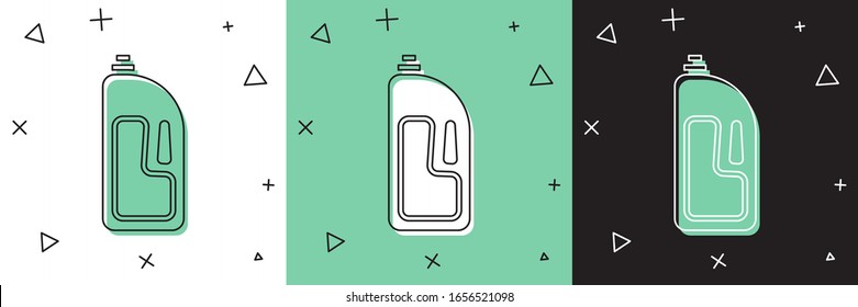 Ajuste el contenedor con un icono de limpieza de drenaje aislado en fondo blanco, verde y negro. Detergente en frasco de plástico.  Ilustración vectorial