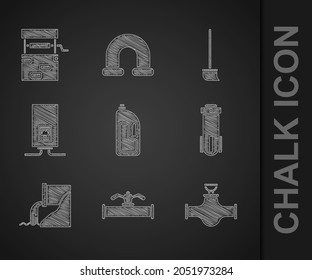 Set Container with drain cleaner, Industry pipe and valve, Water filter, Wastewater, Gas boiler burning fire, Mop and Well icon. Vector