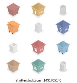 Set of container for garbage of different types, metal and concrete. Isolated on white background. Flat 3D isometric style, vector illustration.