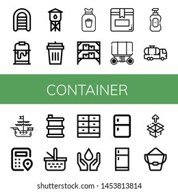 Set of container icons such as Inflatable boat, Paint bucket, Water tower, Garbage bin, Rubbish, Warehouse, Box, Wagon, Liquid soap, Tank truck, Ship, Logistics, Barrel , container