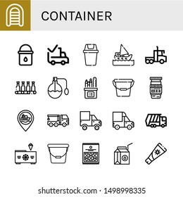 Set of container icons such as Inflatable boat, Water bucket, Delivered, Bin, Ship, Lorry, Bottle, Perfume, Pencil box, Bucket, Lens, Crane truck, Cargo truck, Garbage truck , container