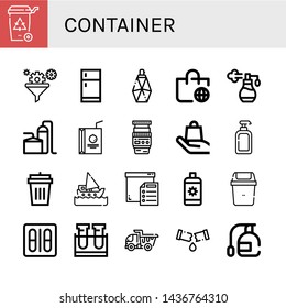 Set of container icons such as Recycle bin, Filter, Fridge, Parfume, Worldwide shipping, Perfume, Storage tank, Juice box, Lens, Handle with care, Lotion, Garbage bin , container