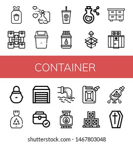 Set of container icons such as Rubbish, Logistics, Perfume, Bin, Soda, Gas bottle, Flask, Unboxing, Chest, Freezer, Wicker basket, Garbage, Warehouse, Toolbox, Waste , container