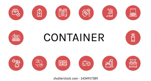 Set of container icons such as Toolbox, Sunscreen, Drawers, Tube, Spray, Pizza box, Perfume, Waste, Sauces, Tank truck, Storage tank, Chemical, Oil train, Drug container , container